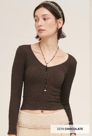 Lace Textured V Neck Top / Chocolate