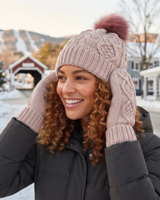 Lt. Pink Cable Knit Hat with Dk. Pink Pom