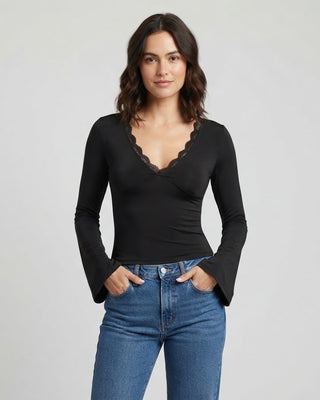 Cara Bell Sleeve Lace Trim Top / Black