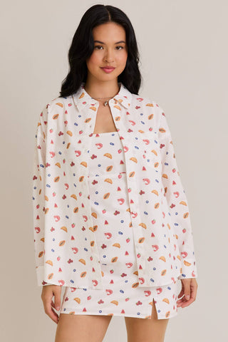 STRAPLESS SMOCKED BACK FOOD MIX GRAPHIC MINI DRESS