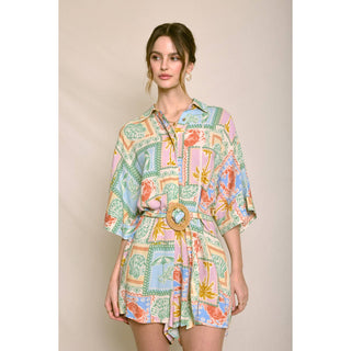 Pastel Paradise Button Up Rattan Belt Romper