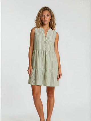 Button Down Shirring Stripe Mini Dress