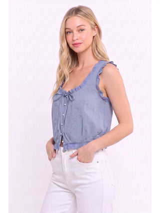 Embroidered Broderie Anglaise Cotton Top / Dusty Blue