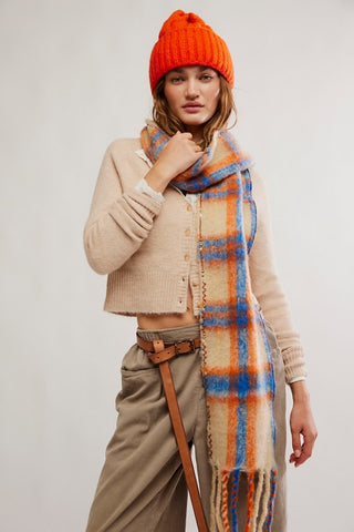 Highland Plaid Skinny Scarf / Ivory Combo