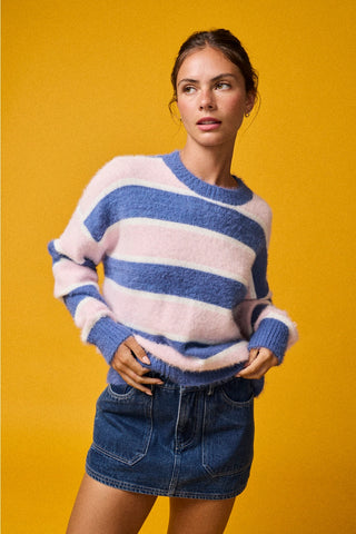 Fuzzy Knit Sweater Top / Pink-Navy