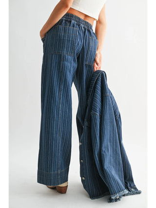 Wide-Leg Striped Denim Trousers / Dark Denim Wash Striped