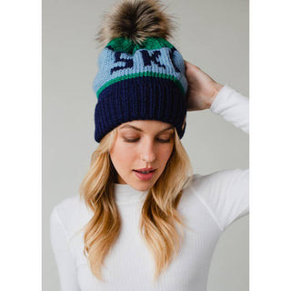 Green, Light Blue and Navy Ski Pom Hat