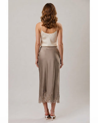 Olivia Satin Lace Hem Midi Skirt / Mocha