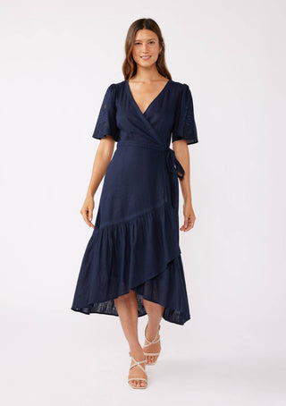 Embroidered Midi Wrap Dress