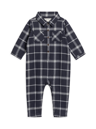 Locke Flannel Long Sleeve Collard Romper - Navy Plaid