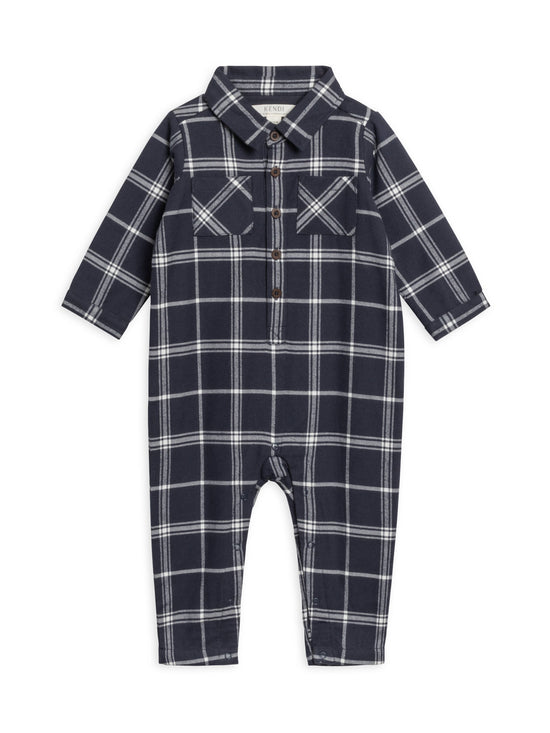 Locke Flannel Long Sleeve Collard Romper - Navy Plaid