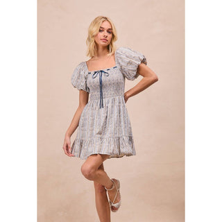 FLORAL STRIPED BALLON SLEEVES DRESS