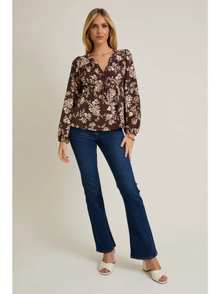 V-Neck Front Tie Long Sleeve Flare Hem Floral Top / Brown-Cream