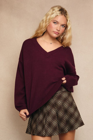 V Neck Oversized Sweater / Maroon