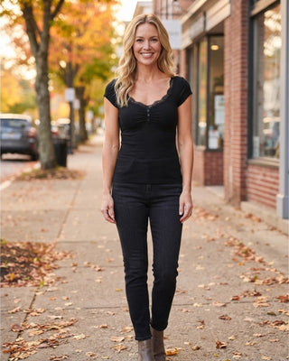 Fiona Lace Trim Short Sleeve Top / Black