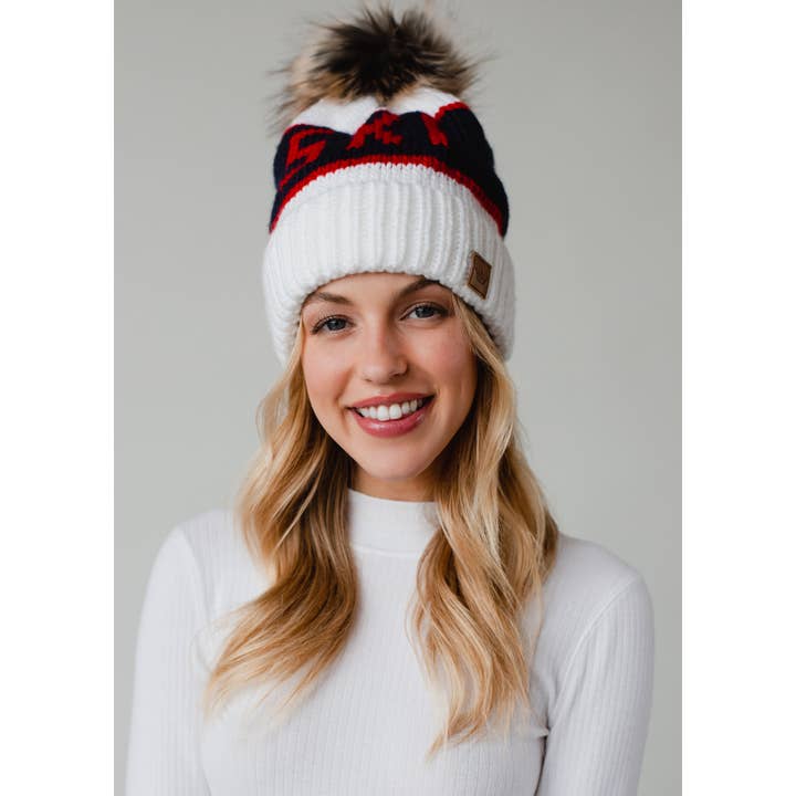 White, Navy & Red Ski Pom Hat