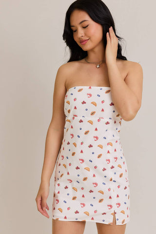 STRAPLESS SMOCKED BACK FOOD MIX GRAPHIC MINI DRESS