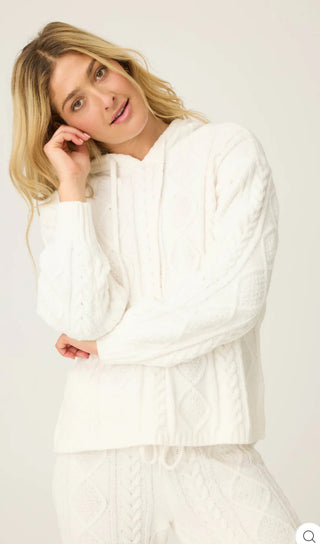 Solid Hoodie Cozy Chenille Cable Knit / Ivory