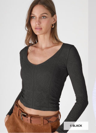 Lace Textured V Neck Top / Black