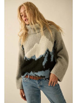 Mountains Fuzzy Jacquard-Knit Turtleneck Sweater
