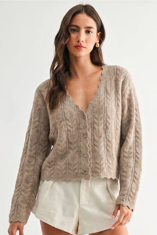 Scallop Hem Cable Knit Cardigan / Taupe