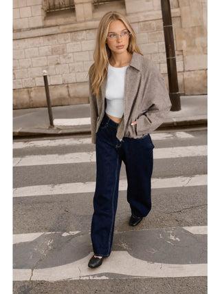 Raglan Zip-Up Cropped Balloon Hem Jacket / Mocha