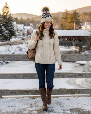 Beige, Navy & Lt. Pink Patterned Pom Hat