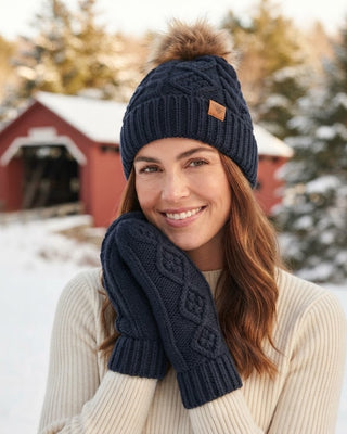 Navy Cable Knit Pom Hat
