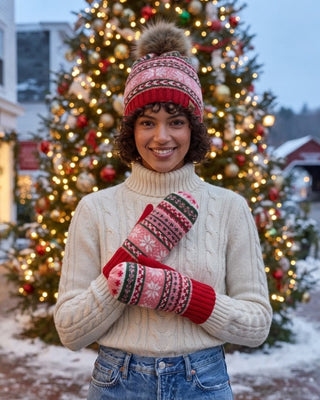 Red, Pink & Green Christmas Pattern Pom Hat