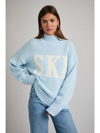 High Neck Oversized Sweater Top / Blue-Ivory