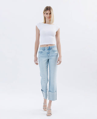 High Rise Cuffed Crop Straight Jeans