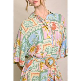 Pastel Paradise Button Up Rattan Belt Romper