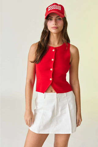Audrey Sleeveless Button Up Top / Red