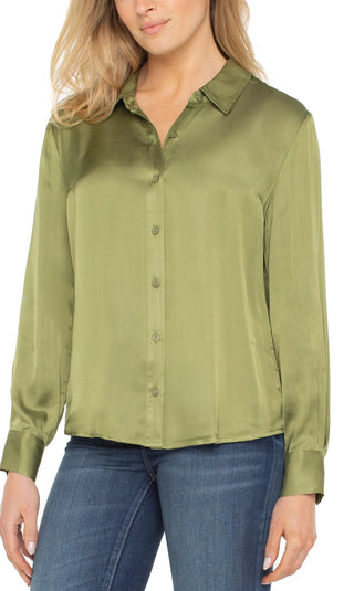 Long Sleeve Button Front Woven Shirt/ Artichoke