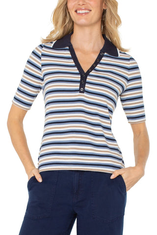 Multi Stripe Collared Henley Knit Top