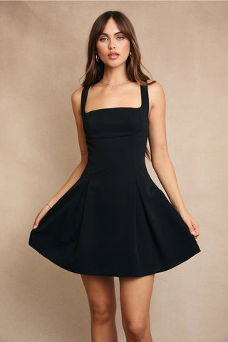 Adjustable Straps Mini Dress with A Tie Up Back / Black