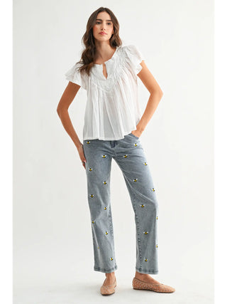 Flutter Sleeve Gathered Neck Detail Blouse / White