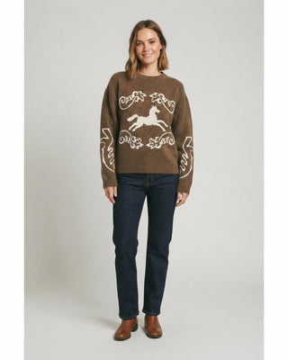 Morgan Horse Motif Crew Neck / Cognac Multi