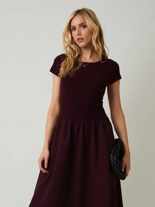 Round Neck Short Sleeve Woven Knit Mix Midi Dress