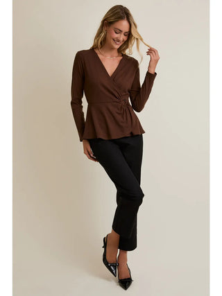 Surplice Long Sleeve O-Ring Trim Detail Flare Hem Top / Brown