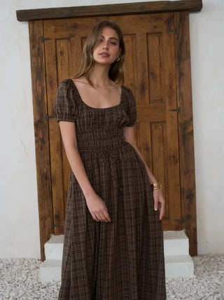 Plaid Shirred Puff Sleeve Front Tie Midi Dress