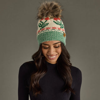Ivory Cherry Pattern Pom Hat