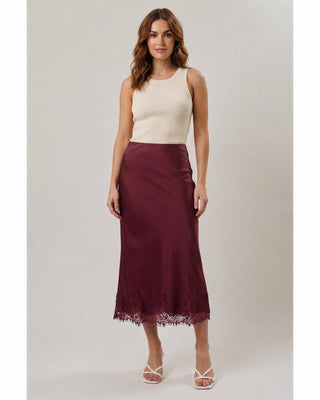 Olivia Satin Lace Hem Midi Skirt / Burgundy