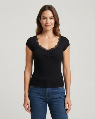 Fiona Lace Trim Short Sleeve Top / Black