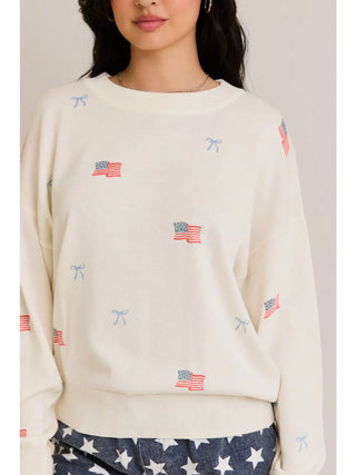 "USA Flag with Bow" Print Long Sleeve Crew Neck Sweater