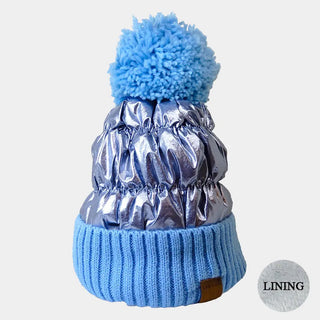 Fleece Lining Puffer Knit Pom Pom Beanie Hat / Blue