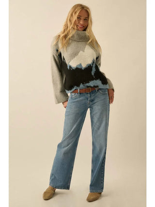 Mountains Fuzzy Jacquard-Knit Turtleneck Sweater