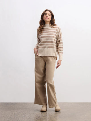 Mock Neck Sweater - Double Stripe Camel