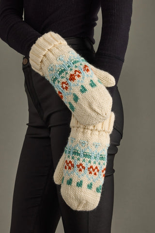 Ivory, Lt. Blue, Mint & Orange Patterned Mittens