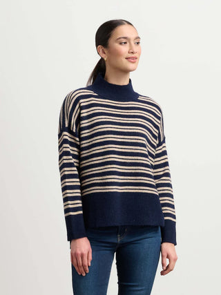 Mock Neck Sweater - Navy and Camel Stripe